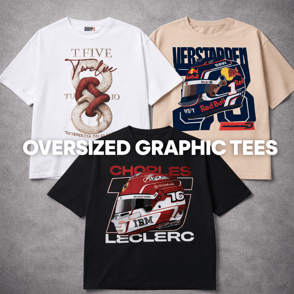 Oversized streetwear graphic t-shirts flat lay featuring snake design, Max Verstappen F1 helmet tee, and Charles Leclerc racing tee.