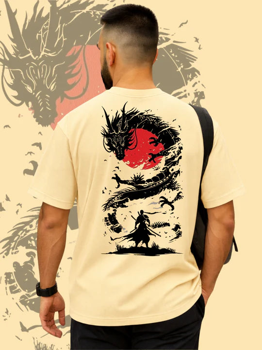 Kart Black Men's Graphic Printed Over-Sized Fit Half Sleeve Cotton T-Shirt -DRAGON