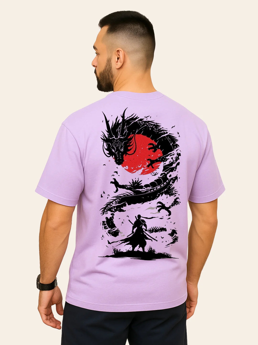 Kart Black Men's Graphic Printed Over-Sized Fit Half Sleeve Cotton T-Shirt -DRAGON