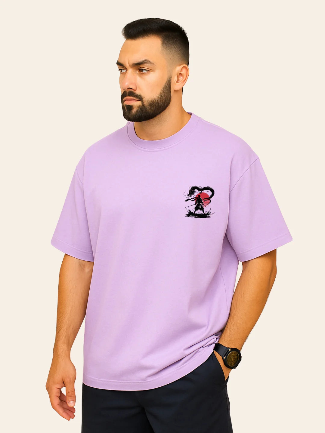 Kart Black Men's Graphic Printed Over-Sized Fit Half Sleeve Cotton T-Shirt -DRAGON