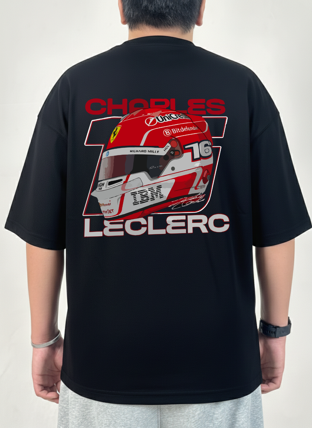 CHARLES LECLERC HELMET OVERSIZED CHARCOAL GREY T-SHIRT