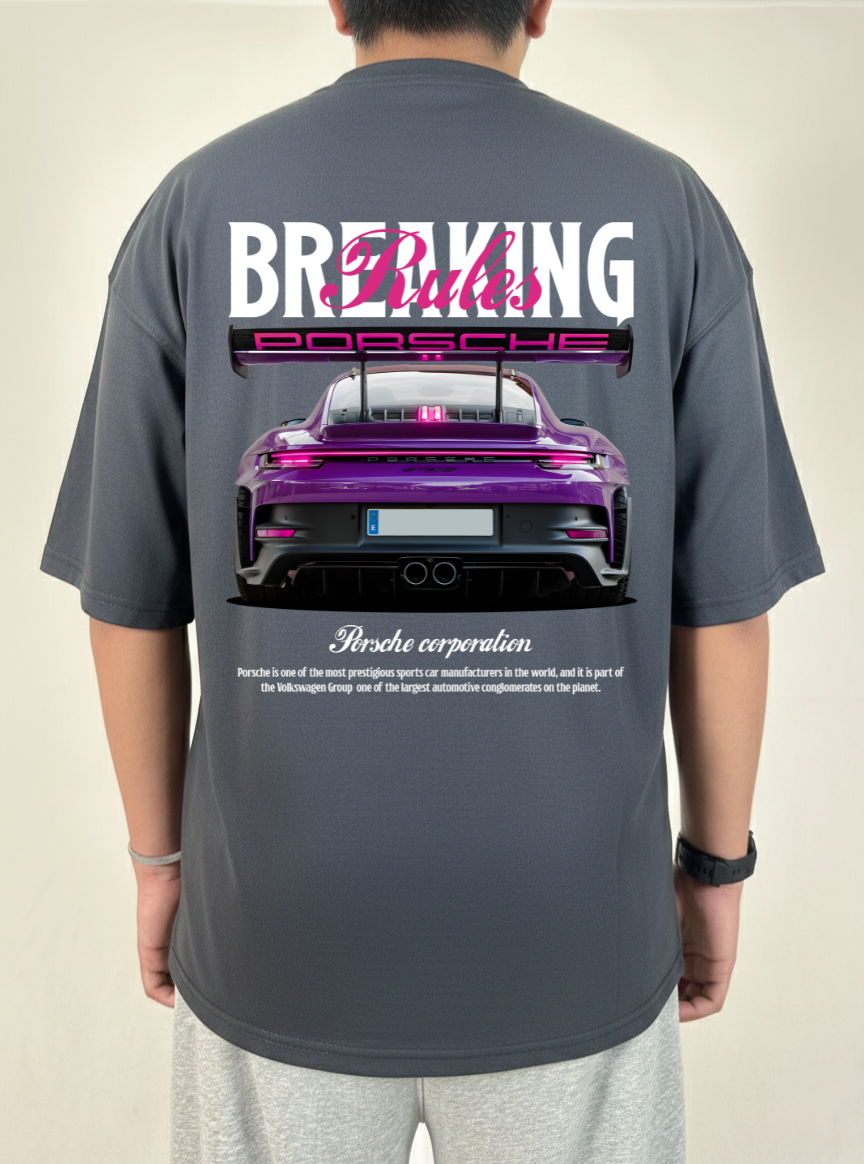 PORSCHE BREAKING RULES OVERSIZED CHARCOAL GREY T-SHIRT