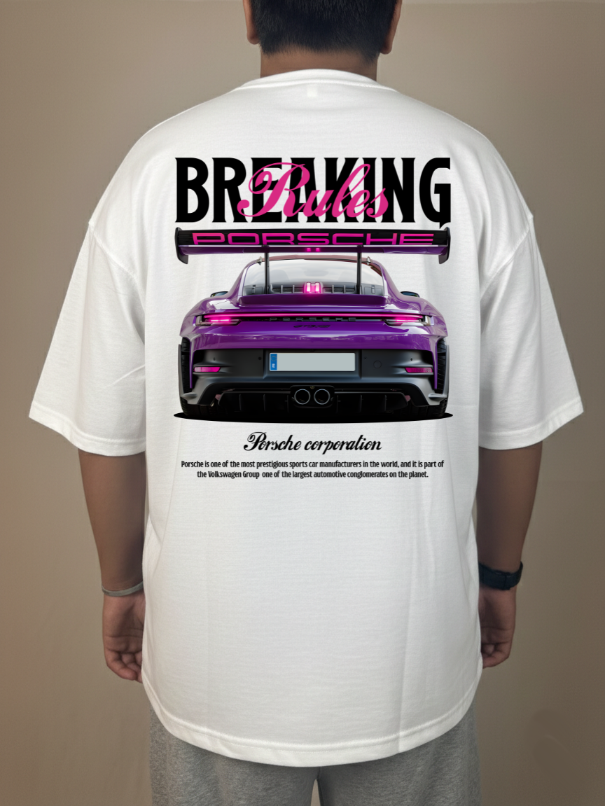 PORSCHE BREAKING RULES OVERSIZED WHITE T-SHIRT